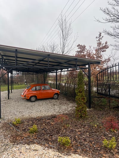 An outdoor scene in Topola Municipality, Serbia, depicts a late autumn or winter setting under an overcast sky. In the midground, a black metal carport with a light-colored, possibly corrugated roof, shelters an orange vintage two-door compact car, consistent with a Zastava 750 model. The car is parked on a light grey gravel surface, oriented with its rear towards the viewer and front facing left. To the right of the carport, a tall, slender green conifer stands adjacent to a partially open black ornate metal fence or gate. The foreground features a garden bed covered in dark brown fallen leaves, interspersed with small green and reddish bushes. The background includes numerous bare deciduous trees and some trees retaining brown foliage. Overhead power lines and utility poles are visible against the uniformly grey sky. No individuals are present in the image.