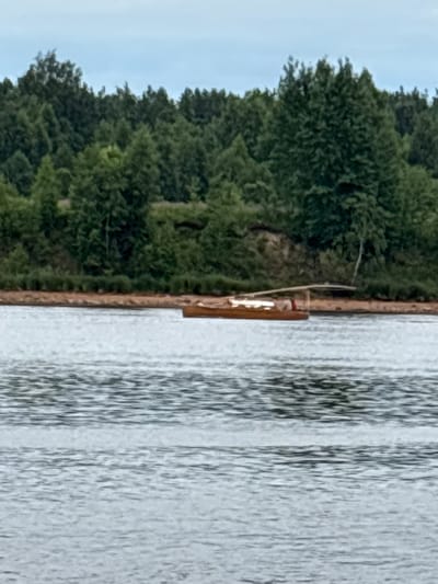 A long, narrow wooden boat with a canopy is moored on the Neva River in Nevskaya Dubrovka, Russia. The boat contains at least two people and appears to be carrying cargo covered by a white tarp. The riverbank is lined with dense green trees, and the sky is overcast. The water is choppy, with visible ripples and waves.