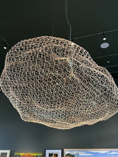A large, abstract sculpture, resembling a woven net, hangs against a dark background. The sculpture has an organic, somewhat bulbous shape, with irregular hexagonal patterns forming its structure. Thin wires suspend it from the ceiling, where small, recessed lights are visible. To the right, a collection of framed pictures are hung on the wall.