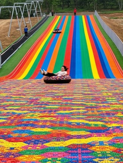 The image depicts a vibrant, multi-colored slide, likely an attraction, situated in a natural, outdoor environment. The slide is constructed with alternating stripes of various bright colors, including red, orange, yellow, green, blue, and purple, creating a rainbow effect. The surface of the slide appears to be made of a textured material, possibly artificial turf or a similar synthetic material, with a gritty texture visible, especially at the bottom.

In the foreground, a woman is seated on a black inner tube at the base of the slide. She is wearing a light-colored top and dark pants, and her legs are extended forward. The inner tube she is on is decorated with a colorful, pixelated pattern.

Further up the slide, a child is visible in a smaller, darker inner tube, sliding down. The slide is bordered by green artificial turf on the left and a white fence on the right, separating it from the surrounding terrain. Beyond the slide, there are trees and vegetation, suggesting a park or recreational area. In the background, there are large metal structures resembling swings or part of a playground, with a person in a red jacket standing at the top of the slide, observing. Another person in a blue jacket is standing on the left side of the slide, near the top. The ground surrounding the slide appears to be dirt and gravel.

The question mentions the city of Bintang Meriah, Indonesia, but the image itself provides no direct visual cues to confirm this location. The scene is a recreational setting designed for sliding activities, characterized by its bright, appealing colors and the presence of people engaging with the attraction.