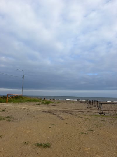 An outdoor, vertical, medium shot captures a beach scene under a cloudy sky. The foreground is dominated by a sandy beach with tire tracks visible. A low, orange gate-like structure stands on the left, adjacent to a patch of green grass and a tall, slender lamp post. Further back, a metal fence stretches along the beach towards the right side of the frame. The sea is visible in the background with moderate waves. The sky is filled with heavy, dark clouds, suggesting overcast weather. The location is identified as Aniva, Russia. No people are visible in the frame.