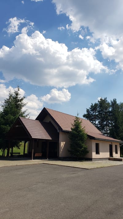 This media file depicts a building with a reddish-brown tiled roof, seen from a slightly elevated perspective. The building has light-colored walls and dark-framed windows. In front of the building, there is a covered porch area supported by wooden beams, with benches visible underneath. To the right of the building is a paved driveway or road. The scene is framed by lush green trees, including tall coniferous trees. The sky above is a vibrant blue, dotted with fluffy white clouds, suggesting a clear and sunny day. The orientation of the image is such that the ground appears on the right side and the sky on the left, indicating the camera was likely held vertically or the image has been rotated. The location context of Vyšné Nemecké, Slovakia, places this building in a potentially rural or semi-rural setting, possibly a house, guesthouse, or community building. There is no visible text in the image. The overall mood is peaceful and natural, with the bright sky and greenery suggesting daytime on a pleasant weather day.
