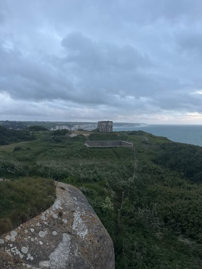 This image captures a rugged coastal landscape under an overcast sky, viewed from an elevated vantage point.
In the foreground, to the lower right, a large, weathered grey rock, textured with white and green lichen, partially frames the scene. The midground is dominated by a verdant, wild hillside or cliff face, densely covered in various shades of green foliage, bushes, and tall grasses. A subtle, overgrown fence or barrier, consisting of posts and wire, can be seen traversing down the slope.
Further along the cliff edge, towards the center-left of the image, a concrete structure, likely an old bunker or military fortification, stands prominently. Its robust, grey form is partially integrated into the natural landscape. Beyond this structure, the terrain slopes gently, revealing glimpses of cultivated land or pathways leading towards a distant settlement.
In the background, the grey-blue expanse of the sea stretches to the horizon, where it meets a heavily clouded sky. The water appears calm, with subtle reflections suggesting diffused light. Along the distant coastline, iconic white cliffs are distinctly visible, characteristic of the Alabaster Coast.
The time of day is ambiguous due to the pervasive grey, overcast clouds, which soften the light and create a diffused illumination across the entire landscape. No direct sunlight is apparent. There are no people visible, and no specific activities are taking place. The scene evokes a sense of quiet natural beauty with a historical presence, typical of the Fécamp area in France. No text is visible within the image.