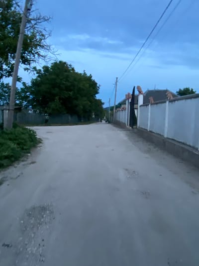 The image depicts a dirt road in Horodca, Moldova, at dusk. A tall wooden utility pole stands to the left of the road, adorned with what appears to be electrical wiring. Dense green foliage flanks the left side of the road, and further back, a wooden fence encloses properties with mature trees. The right side of the road is bordered by a long, white fence topped with decorative lion statues, suggesting a well-maintained property. The sky above is a deep blue, transitioning to lighter hues towards the horizon, with scattered clouds hinting at the fading daylight. The road itself is a light brown dirt track, showing some wear and tear with scattered pebbles and small stones. The overall atmosphere is quiet and rural, capturing the twilight hours in a residential area.