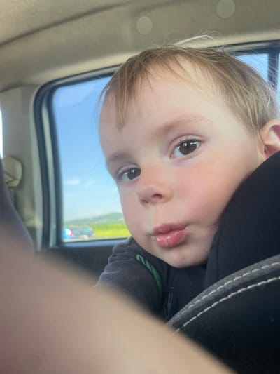 The image is a close-up, slightly angled, selfie-style shot of a young child with light brown hair and brown eyes, looking towards the camera. The child appears to be in a vehicle, possibly a car, as indicated by the interior details visible, such as a gray headliner and a window with a view of the outdoors. The child's mouth is slightly puckered. The background visible through the window shows a bright blue sky, green rolling hills, and some distant vehicles. A black object, likely a car seat or clothing, is prominent in the foreground, partially obscuring the child's right side. The overall lighting suggests it is daytime. The image does not contain any information that would allow it to be located in Solovej-Kljuch, Russia.