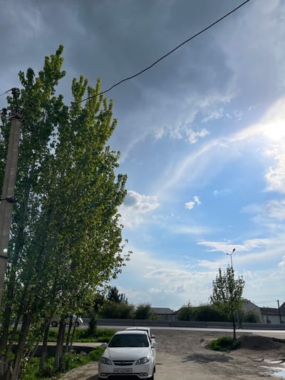 The image presents a view in the city of Ziyodin, Uzbekistan. The sky is partly cloudy, with dark, stormy clouds on the left and patches of blue sky with white, wispy clouds on the right. A power line runs diagonally across the left side of the frame.
In the foreground, a row of trees lines a street. A white car is parked on the right side of the frame. The environment appears to be a roadside setting, with a concrete barrier, vegetation, and a building in the background. A street lamp is visible further down the road. The image captures a moment of contrasting weather conditions within an urban or semi-urban location.