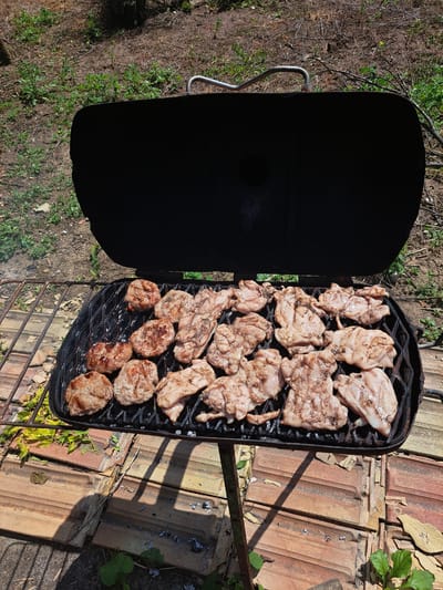 An outdoor barbeque is in progress. The lid of a black metal grill is open, revealing a cooking grate laden with seasoned meat. On the left side of the grate are several round, flat patties, likely burgers, some showing char marks from the grill. To the right are pieces of raw, pale meat, appearing to be chicken thighs, also seasoned. The grill is set up on a metal stand, and beneath it, the ground is covered with reddish-brown tiles and dry vegetation. Green foliage is visible in the background and around the base of the grill. The scene suggests a sunny day, with shadows cast across the tiled ground. No people are visible in the image. The location is not specified in the image or the provided context.