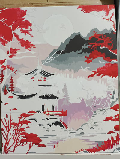 The image depicts a partially completed paint-by-numbers canvas featuring a serene Japanese-inspired landscape. The scene is dominated by a large, pale moon in the upper portion of the canvas, partially obscured by stylized, dark grey and lighter grey mountains. In the foreground, vibrant red trees with thin branches are prominent, their leaves depicted in various shades of red and pink.

A traditional pagoda-style building with a dark roof and red accents is situated in the mid-ground. Below the building, a body of water is suggested by horizontal bands of grey, pink, and light brown. The overall aesthetic is one of tranquility, with soft, blended colors and a sense of depth created by the layering of elements. The canvas is marked with faint numbers indicating where different paint colors should be applied. The image does not contain any information that would allow for identification of its location in Bagayevskaya, Russia, as it depicts an artistic representation rather than a real-world scene with geographical markers.