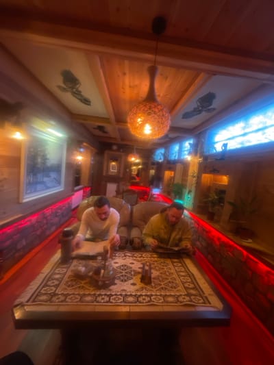 A warmly lit, somewhat blurred interior featuring two individuals at a table. One person in a light shirt sits with a dark object in front, while another wears a green jacket. The table is covered with a patterned rug, and the room displays wood paneling and framed art on the walls. A unique, spherical lamp hangs to the left. Red and green ambient lighting adds to the room's atmosphere.