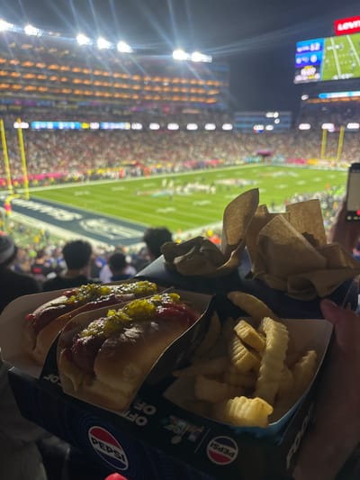 A stadium view frames a tray of stadium food: two hotdogs topped with ketchup and relish, fries, and chips. The food is displayed in a Pepsi-branded container. The stadium crowd and field are visible in the background, along with the stadium lights. The image appears to be taken from a spectator's perspective.