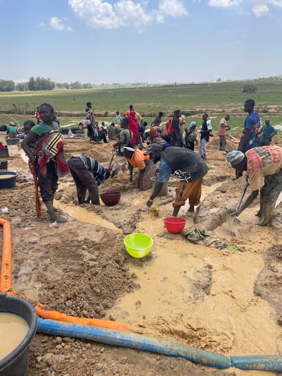 In Maiyanga, Nigeria, a large group of people are digging in a muddy field. They are using shovels and buckets to move the mud, possibly searching for water or other resources. Several blue and orange pipes are visible near the muddy area, suggesting a potential water source or drainage system. The background reveals a flat, green landscape under a cloudy sky. People are positioned in a line within the field, actively involved in the digging process.