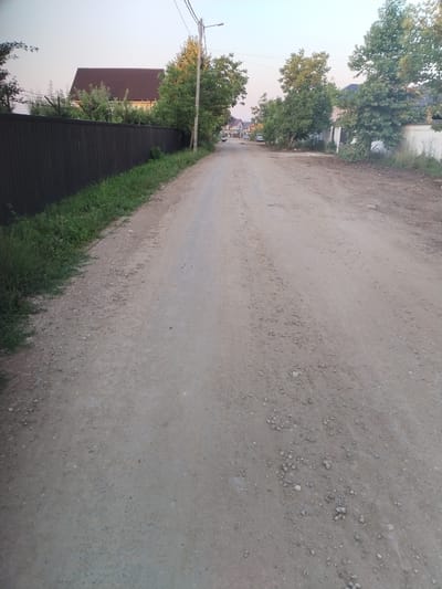 The image shows a dirt road in Moara Domnească, Romania. On the left side of the road, there is a dark, corrugated metal fence bordering a grassy area with some weeds. Beyond the fence, a house with a dark red roof is visible, surrounded by trees. A utility pole with wires stands along the right side of the road. Further down the road, trees and houses are visible on both sides. The sky is clear and appears to be dusk or dawn. The road surface is dirt and gravelly. There are no people or animals clearly visible in the image, though a distant dog-like shape can be seen on the left side of the road in the background.