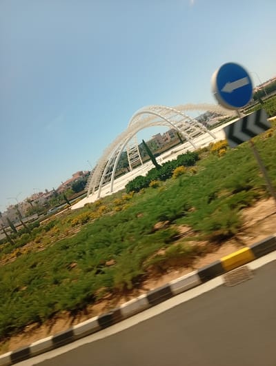 The image captures an outdoor scene on a bright, clear day, seemingly taken from a moving vehicle as suggested by the motion blur in the foreground and on road signs. A vast, cloudless blue sky dominates the upper portion of the frame.
In the immediate foreground, a grey asphalt road is visible, bordered by a curb painted with alternating black and white stripes, which transitions into a solid yellow section further along. A metallic drain cover is embedded near the curb. Beyond the road, a strip of vibrant green vegetation, possibly low shrubs or groundcover, extends across the lower-mid section of the image, showing signs of motion blur. Some patches of yellowish flowers are also present within this green area.
The central feature of the scene is a large, white, open-lattice arched structure. This modern architectural element consists of multiple parallel arches, appearing to form a pedestrian walkway or decorative gateway, situated on a landscaped island. Surrounding the base of this structure are more green plantings and a few taller, slender trees, including a dark green, conical tree resembling a cypress. In the background, beyond the arched structure, various residential buildings with light-colored walls and reddish-brown tiled roofs are visible, indicating an urban or suburban setting.
To the right of the frame, two road signs are partially visible and significantly blurred due to motion. One is a circular blue sign featuring a white left-pointing arrow, likely indicating a mandatory turn. Below it, a black and white chevron sign, typically used to mark road hazards or changes in direction, can also be seen.
The scene depicts a well-maintained public space, possibly a roundabout or a significant intersection, characterized by modern design and landscaping. The bright sunlight and clear sky suggest it is daytime. No legible text is visible on any of the objects or signs in the photograph.