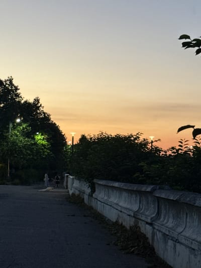 The image captures a serene evening scene in Kul'zeb, Russia, likely during sunset. The sky transitions from a pale grey at the top to a warm, peachy orange near the horizon, indicating the time of day. Silhouetted against this colorful sky are the dark leaves of a tree in the foreground and the lush foliage of trees lining a pathway.

The pathway itself appears to be paved and runs alongside a low concrete barrier. Beyond the barrier, a dense line of trees creates a natural boundary. Several lampposts are visible along the pathway, some emitting a soft glow, suggesting the onset of twilight. In the distance, a few individuals are walking or standing on the pathway, their forms indistinct in the low light, adding a sense of human presence to the tranquil setting. The overall mood is peaceful and contemplative, with the natural beauty of the sunset complemented by the subtle illumination of the pathway lights. No visible text is present in the image.