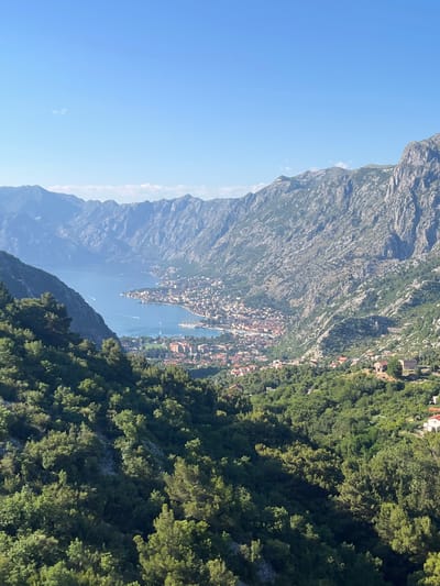 An aerial shot captures the Bay of Kotor in Montenegro, near the city of Čavori. The tranquil, deep blue water of the bay is surrounded by towering, rugged, grey mountains that rise steeply from its shores. Lush green vegetation covers the lower slopes of the mountains and the foreground. Nestled along the bay's edge is a city with a dense collection of red-tiled roofs and buildings, indicative of an urban settlement. The sky is a clear, bright blue with a few wispy white clouds. Several boats are visible on the water, suggesting maritime activity. The scene is bathed in bright sunlight, casting shadows and highlighting the textures of the mountains and foliage.