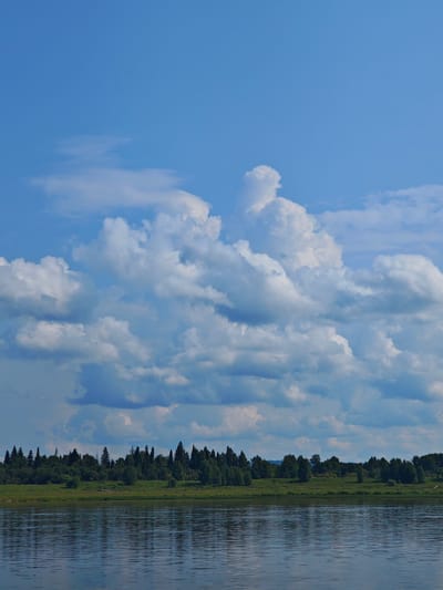 The image depicts a serene natural landscape. A wide, calm river occupies the foreground, its surface reflecting the sky and the treeline. The middle ground features a dense, verdant forest that stretches horizontally across the frame, with a clear demarcation between the grassy bank and the treeline. The background is dominated by a vast expanse of blue sky filled with voluminous white cumulus clouds, some appearing quite large and dramatic. The scene is devoid of any human presence or discernible structures, suggesting a remote or natural setting. The location is identified as Novonazimovo, Russia.
