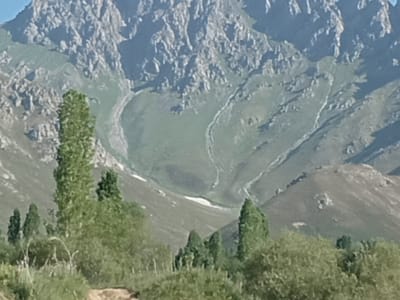 The image depicts a panoramic view of a mountainous landscape, likely situated in or near the city of Kalaynay, Tajikistan. The foreground features a variety of green foliage, including tall trees with dense canopies and lower bushes, suggesting a natural, possibly rural or park-like environment. A dirt path is visible in the lower right corner, hinting at a trail or unpaved road. The midground shows a sweeping, green mountainside with visible erosion channels and scattered rock formations. The background is dominated by a rugged, imposing mountain range with steep, rocky slopes and a texture indicative of scree or fractured rock faces. The overall scene is one of natural, unspoiled scenery, characteristic of mountainous regions in Central Asia. There are no people or animals visible in the frame.