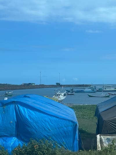 The image depicts a waterfront scene with several boats docked in the water. The boats are of various sizes and types, some appearing to be fishing vessels with masts and fishing gear. The water appears calm, suggesting a peaceful environment.
In the foreground and on the right side of the image, large blue tarps are draped over what appear to be structures or stored materials, creating a covered area. These tarps are a dominant visual element. There are also some green bushes and foliage visible on the right, indicating a natural element to the environment.
In the background, more boats are visible, as well as a pier or walkway. Further in the distance, there are some structures that could be buildings or storage facilities. There is a clear blue sky with some wispy clouds, suggesting it is daytime and the weather is fair. The overall impression is of a working harbor or a place where boats are moored and possibly stored or maintained. The presence of the tarps suggests either protection from the elements or a temporary setup.
There is no visible text in the image. The time of day appears to be mid-morning or afternoon, given the bright sky and lighting. The location cues, such as the type of boats and the general setting, are consistent with a coastal or harbor area in Indonesia. No people are clearly visible in the image. The mood of the image is neutral, focusing on the objects and the environment.
