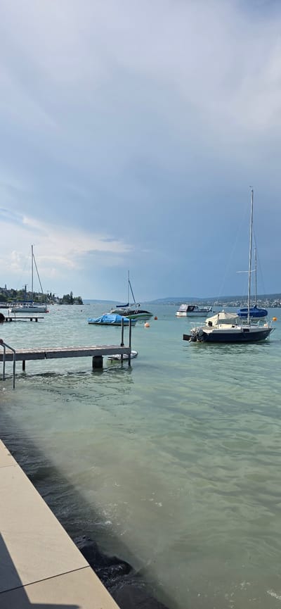 The image shows a body of water with several boats anchored. A wooden pier with metal railings extends into the water from the left side of the frame. The water is calm and appears to be a lake or a large river. In the background, a city skyline is visible with buildings and trees. The sky is partly cloudy. The scene appears to be the shore of Lake Zurich in Oberrieden, Switzerland, a municipality in the canton of Zurich.