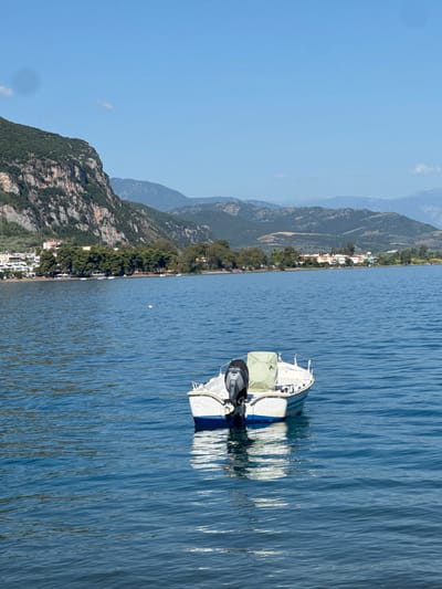 A small white boat with a blue stripe along its hull floats on a calm, blue body of water. The boat is powered by an outboard motor, and a light green tarp covers part of its interior. In the background, a coastline is visible, featuring a rugged, tree-covered mountain on the left and lower, rolling hills with scattered buildings and trees extending to the right. The sky is clear and blue with a few faint clouds. The scene appears to be within the Municipal Unit of Kamena Vourla, Greece, given the distinctive mountainous terrain bordering the water, characteristic of the region.