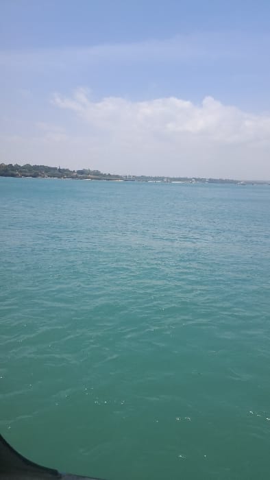 The image displays an expansive view across a body of turquoise-colored water, identified as Kilindini Harbour, observed from the Ganjoni/Shimanzi ward in Mombasa, Kenya. The foreground is dominated by the water's surface, which exhibits minor ripples and glints of light. A dark, curved, indistinct object is partially visible in the bottom-left corner, suggesting the edge of a vessel or platform from which the image was captured.
In the middle ground, a distant landmass stretches across the horizon. This landmass features a coastline with significant green vegetation, indicative of trees or dense foliage, particularly towards the left. Scattered along the coastline are several man-made structures: a distinct light-colored building with a visible roofline on the far left, and further right, a multi-span bridge or causeway structure.
The background consists of a clear, light blue sky with scattered white cumulus clouds, occupying the upper portion of the frame. No human figures, animals, or specific actions are discernible within the scene.