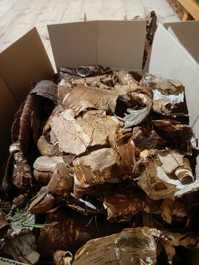 The image shows a close-up, overhead view of a cardboard box filled with pieces of birch bark. The bark is various shades of brown and white, with some pieces appearing rough and others smooth. There are also a few blades of green grass interspersed among the bark. The box is positioned on a wooden floor. The scene is indoors, likely in a storage area or shed. The lighting suggests an indoor environment with natural light coming from above. There are no people or animals visible in the image.