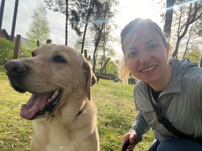 A woman and a Labrador Retriever are posing for a selfie in a grassy park in the Borough of Runnymede, United Kingdom. The woman is on the right, smiling at the camera, and wearing a light gray jacket over a dark shirt, a black strap crossing her chest. She is holding a black object in her hand, possibly a leash. The dog is to her left, its mouth open, tongue hanging out, and light brown fur shiny in the sunlight. The background shows green grass, trees, and a partial view of a building. The sun is shining brightly, creating a lens flare in the upper right corner of the image.