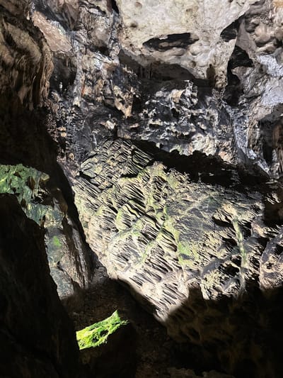 The image shows the interior of the Magurata Cave in Raianovtsi, Bulgaria. The cave walls are composed of light gray and dark brown rock formations with varying textures, including stalactites and porous surfaces. Some areas have a green tint, possibly due to moss or algae. Light enters the cave through openings in the rock, creating areas of illumination and shadow. No people are visible in the image.