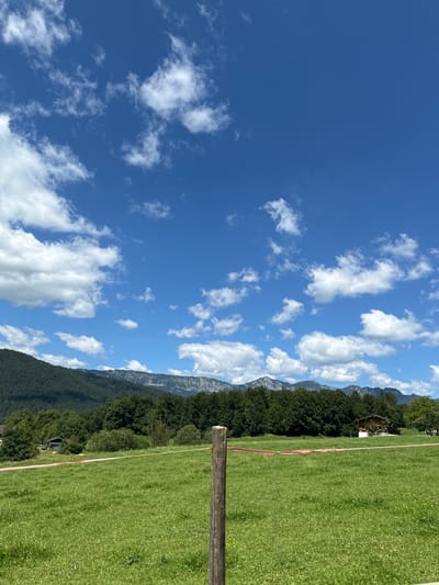 The image depicts a rural landscape under a bright blue sky with scattered white clouds. In the foreground, a lush green meadow is visible, marked by a rough wooden post on the right side and a thin pink line running across it. In the middle ground, a dense line of dark green trees forms a boundary, behind which a traditional wooden house with a dark roof and visible windows is situated. Further back, a range of mountains with a slightly hazy appearance stretches across the horizon, topped with jagged peaks. The overall scene suggests a serene, natural environment in Bischofswiesen, Germany.