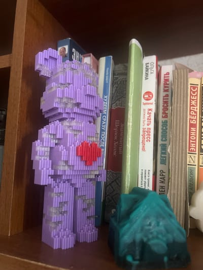 The image shows a close-up view of a shelf in a room, likely a home library or study. The shelf is made of wood and has a dark brown finish. On the shelf are several books, a purple brick-built bear figurine with a red heart on its chest, and a teal-colored object that appears to be a wax melt or soap. The bear figurine is standing upright and is made of small, interlocking bricks. It is detailed with a red heart shape in the center of its chest. The teal object is irregularly shaped and textured, resembling a rock or a piece of abstract art. The books are of various sizes and colors, with some titles visible in Russian. The overall scene suggests a personal collection of items displayed on a shelf. The location of Pskov, Russia is not indicated by any visual cues in the image.