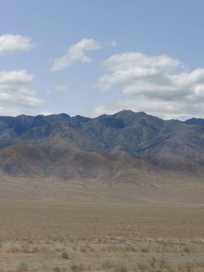 The image shows a wide landscape under a partly cloudy sky. In the foreground, a flat, arid plain stretches to the horizon, dotted with sparse, dry vegetation. Beyond the plain, a range of mountains rises, with their lower slopes covered in a lighter, drier terrain and their upper reaches exhibiting darker, more vegetated slopes. The mountains have a rugged, undulating silhouette against the sky. The sky itself is a pale blue, with scattered white and grey clouds. The scene appears to be a natural, undeveloped area, likely in a semi-arid or mountainous region, consistent with the landscape of Ынталы, Kazakhstan. There are no people or man-made structures visible in the image.