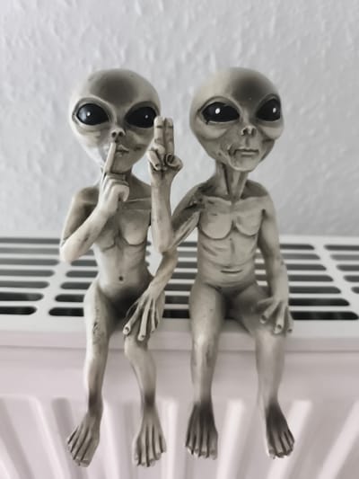 The image shows two small, gray figurines of aliens sitting on a white radiator. The alien on the left is holding its finger to its lips, and the alien on the right is holding up two fingers in a peace sign. The background is a textured white wall. The figurines are detailed and appear to be made of a resin or plastic material. They are positioned closely together, facing forward. The radiator has a slatted top. The scene is indoors, likely in a residential setting, as suggested by the radiator and wall. The specific location in Georgsmarienhütte, Germany is not discernible from the image itself.
