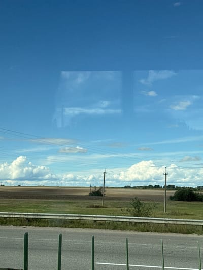 The image presents a broad rural landscape located near Korostyshiv, Ukraine, captured from an interior perspective, evidenced by reflections across the upper sky. The upper half of the frame features a clear, bright blue sky, while the lower sky is dotted with numerous white, fluffy cumulus clouds, particularly dense towards the horizon. Rectangular, indistinct reflections of interior elements are visible in the upper-center and upper-right portions of the sky.

In the immediate foreground, a two-lane asphalt road with a faded white dashed center line runs horizontally. Above the road, several short, dark green cylindrical posts are spaced along the bottom edge, partially obscured by a metallic, silver-colored guardrail that extends across the entire lower midground.

Beyond the guardrail, a strip of green grass and scattered low-lying vegetation transitions into extensive agricultural fields. These fields display varied textures and colors, with areas of green foliage and patches of freshly tilled, dark brown earth. Multiple dark-colored utility poles, some with insulators, are positioned across the midground and recede into the distance, supporting an array of horizontal power lines that cross the frame. A distant line of dark green trees or bushes marks the horizon. No individuals or specific actions are discernible within the frame.