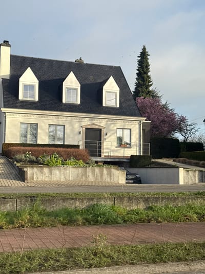 A static exterior view depicts a residential property in Temse, Belgium, under a light blue sky with scattered clouds. The central subject is a two-story detached house constructed with light-colored brick, featuring a dark grey shingle roof with three prominent gabled dormers, each containing a white-framed window. A white chimney stack is visible on the left side of the roof. The house's main entrance, a dark door, is elevated and accessed via a short set of steps with a silver-colored metal railing. The door is flanked by two external wall-mounted lights. Multiple rectangular windows with white frames are present on both floors of the facade.
The property features tiered landscaping supported by concrete retaining walls. Directly in front of the elevated house entrance, a trimmed green hedge is visible, with a garden bed containing small white and yellow flowering plants situated on top of a lower concrete wall. A dark-colored Mercedes-Benz automobile, bearing a partially visible Belgian license plate "1-ENR-712," is parked or partially obscured within a recessed garage or carport area beneath the elevated section of the house.
To the right of the residence, a tall, conical evergreen tree stands beside a tree in full bloom, characterized by dense purple blossoms. Further right, dark green hedges define the landscape, ascending a slope. In the foreground, a strip of unkempt green grass and weeds borders a red brick pathway or sidewalk, separated by a concrete curb. Several small, dark avian forms are visible against the sky. No human subjects are present.