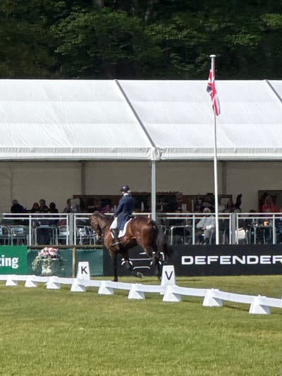 A horse and rider are in the midst of a dressage competition at the Bramham International Horse Trials. The horse is brown, and the rider is wearing a dark suit. The event is taking place under a large white tent, with a Union Jack flag flying from a pole at the far end of the tent. In the background, there are people seated at tables behind a fence, while the horse and rider are in the foreground, performing their routine. The horse is moving gracefully through the ring, with its rider sitting upright in the saddle. There are a series of white obstacles lining the ring, with letters 'K' and 'V' painted on some of the obstacles. The grass is green, and the weather appears to be sunny. The scene is taking place at Bramham Park, a large country estate located in Bramham, West Yorkshire, England. The coordinates of the event are 53.87 latitude and -1.376 longitude.  The large white tent is a common feature at equestrian events. The Union Jack flag is a symbol of British pride and is often flown at such events. The people seated behind the fence are likely spectators, enjoying the competition. The horse and rider are clearly focused on their performance, demonstrating their skill and precision.  The event is a testament to the bond between horse and rider and to the dedication and passion of both the athletes and spectators.