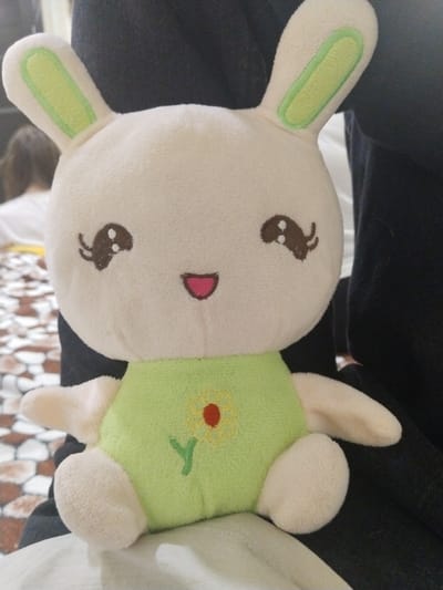 A plush toy rabbit sits upright, featuring a cream-colored head with floppy green-lined ears. Its embroidered face has brown eyes with curled lashes and a pink, D-shaped mouth. The rabbit wears a light green garment with a small flower embroidered on the chest. The toy rests on someone's lap, with black clothing visible on either side and a patterned floor in the background.