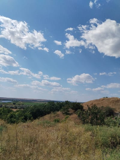 The image depicts a panoramic view of the countryside near Bilousivka, Ukraine. The sky is a vibrant blue, dotted with fluffy white cumulus clouds, suggesting a clear and sunny day. In the foreground, dry, golden grasses and scattered green bushes cover the undulating terrain. A gentle slope rises to the right, covered in more dry grass and sparse vegetation. In the middle ground, a dense band of green trees forms a treeline, beyond which lies a body of water, likely a river or lake, reflecting the sky. Further in the distance, fields of green crops stretch towards a hazy horizon, bordered by what appears to be a low treeline or gentle hills. The scene is natural and undeveloped, typical of rural Ukrainian landscapes. There are no people or man-made structures visible in the immediate foreground or middle ground. The overall impression is one of serene natural beauty under a wide, open sky.