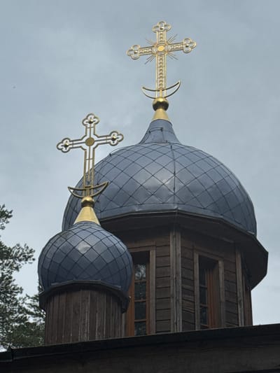 This is a close-up, eye-level shot of the tops of two onion domes of a wooden church, located in Nenyamyaki, Russia. The domes are covered in dark gray, diamond-shaped tiles. Each dome is topped with a golden cross. The larger dome is behind and to the right of the smaller dome. The wooden structure of the church is visible below the domes, with horizontal planks and vertical supports. Two windows with dark frames are visible in the larger dome's structure. A few evergreen trees are visible on the left side of the image, against a cloudy, overcast sky.