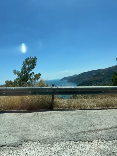This is a vertical photograph taken from a road overlooking a body of water and a mountainous landscape, likely in Mattinata, Italy. The foreground shows a concrete road on the right, bordered by dry, yellowish grass and a metallic guardrail. The guardrail, with several stickers on it, runs horizontally across the middle of the image. Beyond the guardrail, a bright blue sea stretches towards a hazy, dark green mountainside that rises from the water's edge. The sky is a clear, vibrant blue, with a bright sun glare in the upper left quadrant and another lens flare in the middle left. A small, green tree with wispy branches is visible in the lower left portion of the image. The scene suggests a sunny day, possibly late morning or early afternoon, with dry weather. There are no people visible in the image. The overall impression is one of a scenic coastal view.