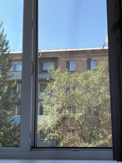 This is a daytime, eye-level, medium shot taken from inside a building, looking out through a window with a screen. The window frame, composed of white plastic, partially obstructs the view.

Outside, a residential building constructed of light brown brick is visible. The building has multiple floors and is adorned with numerous windows. Some windows have white frames, while others have blue balconies or frames. A large, leafy green tree obscures a significant portion of the building's facade, with its branches and foliage creating a dappled effect on the brickwork and windows. The sky is clear and bright blue. On the rooftop of the building, a satellite dish is mounted.

The scene is likely located in the city of Kyzyl, Russia, given the architectural style and the presence of a satellite dish, which is common in such regions. The image conveys a sense of everyday urban life, with the natural element of the tree softening the otherwise industrial appearance of the building.