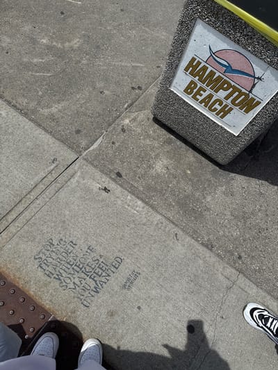 The image presents an overhead view of a sunlit concrete sidewalk in Hampton, United States of America. In the upper left quadrant, a square concrete slab, embedded within a dark, pebble-textured surface, displays the words "HAMPTON BEACH" in brown lettering, accompanied by a stylized logo in pink and blue, possibly depicting a bird or wave.
The sidewalk surface shows various cracks, seams, and minor discolorations. Towards the bottom right, human elements are visible: a pair of feet in white, chunky sneakers stands on a dark, studded tactile paving mat, which typically marks a street crossing or public transport area. Another person's right foot, wearing a black and white striped sneaker, is partially visible in the upper right corner. Both sets of feet cast distinct shadows, indicating bright sunshine and a clear sky, likely during the late morning or early afternoon.
A notable detail is a message stenciled onto the concrete sidewalk, starting from the lower right and extending upwards. The text reads: "STOP TRYING HARDER MAKES SOMEONE YOU FEEL UNWANTED. @POETRY BYOURS". The scene captures a moment in a pedestrian environment, combining local identification with an unexpected piece of urban poetry.
