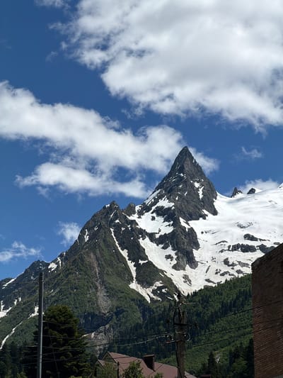 The image depicts a towering, snow-capped mountain peak in Dombay, Russia. The mountain is rugged and appears to be made of dark rock interspersed with patches of white snow. The lower slopes are covered in lush green trees, suggesting a temperate climate at lower altitudes. The sky above is a vibrant blue, dotted with fluffy white clouds. In the foreground, a utility pole with numerous wires is visible, along with the roof of a building and a brick structure. The overall scene conveys a sense of natural grandeur and a juxtaposition of wilderness with human infrastructure.