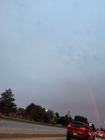 The image captures a section of a road in Bloomingdale, USA, under a dusky, overcast sky. A faint rainbow arcs across the upper right portion of the frame. In the foreground, a tan-colored car is in the right lane, its brake lights illuminated. To its right, another car is visible. In the left lane, a dark-colored car is partially visible. On the left side of the road, several trees with dark foliage are present, and some buildings with reddish brick facades are visible behind them. A "ONE WAY" sign is posted on the left side of the road, indicating traffic flow. The road appears to have multiple lanes, with a concrete median separating opposing traffic. The overall lighting suggests it is either early morning or late evening.