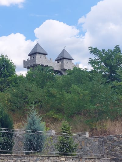 A stone castle with two peaked roofs stands on a hill surrounded by lush green trees under a bright blue sky with scattered white clouds. The castle appears to be constructed from light gray stone blocks and features battlements along its upper sections. A thin metal fence with decorative scrollwork runs across the foreground, behind which are several small evergreen trees. The hill behind the trees is covered in dense foliage and dry grass. The scene appears to be in the vicinity of Ognyanovo, Bulgaria.