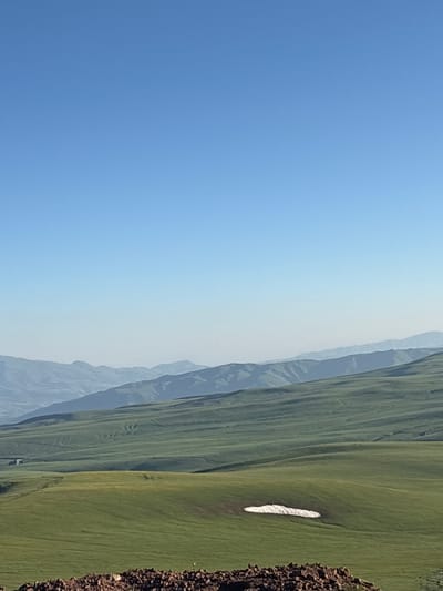 The image displays a vast, natural landscape, likely taken in Jermuk, Armenia. The scene is dominated by rolling green hills and mountains, stretching into the distance and fading into a hazy, blue sky. The time of day appears to be daytime, with bright sunlight illuminating the scene.
The foreground features the textured, brown surface of the earth or rock, suggesting a high vantage point overlooking the valley. The main subject is the extensive, verdant terrain. The green slopes are varied, with some appearing smooth and others showing subtle undulations. A patch of bright white is visible on one of the green slopes, possibly a patch of snow or a light-colored rock formation. Layers of mountains are visible in the background, appearing as soft blue shapes due to atmospheric perspective.
There is no discernible activity or event taking place. The scene conveys a sense of peace and natural grandeur. The weather appears clear and sunny, typical for a mountain environment during the day. No people, objects, or text are visible in the image. The overall impression is one of a serene and expansive natural vista.