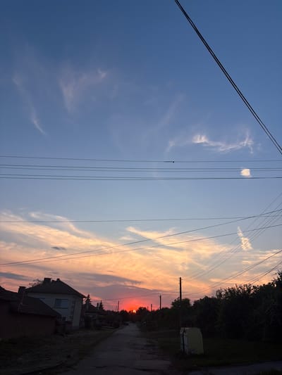 This is a landscape photograph taken at sunset in the city of Kozlovets, Bulgaria. The image depicts a street scene with houses on the left side and trees on the right. A vibrant sunset is visible in the distance, casting warm colors across the sky and clouds. Overhead, multiple power lines crisscross the frame. The street appears to be paved and is lined with grass and vegetation. The overall atmosphere is one of a peaceful evening in a rural or suburban setting.