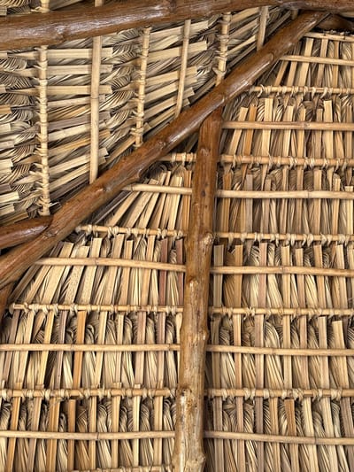The image showcases the underside of a thatched roof. Dried palm leaves are meticulously woven and secured with thin, vertical wooden poles. Two thicker, shiny brown branches run diagonally across the frame. A lighter brown branch is horizontally placed. The construction creates a textured pattern of light and shadow.
