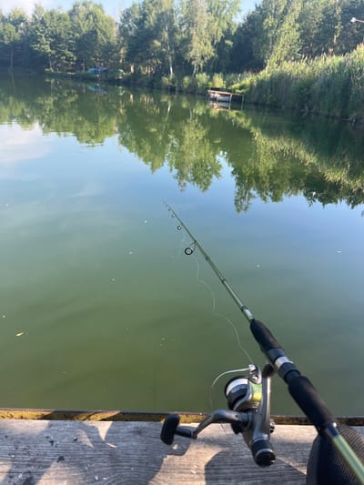 A fishing rod with a reel is positioned on a wooden dock, extending over a calm, green body of water. The water reflects the surrounding trees and a clear sky. In the background, a line of trees borders the water, with some reeds and a small wooden pier visible. The scene appears to be a natural setting, likely a lake or pond, situated in Janówek Pierwszy, Poland, suggesting a recreational fishing activity.