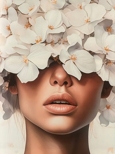 The image is a close-up, digitally rendered portrait of a woman's face, largely obscured by a dense arrangement of white flowers that form a headdress. Only her mouth, nose, and a portion of her neck and ear are visible. The flowers are depicted with delicate petals and visible stamen, creating a soft, ethereal effect. The woman's skin tone is warm and smooth, with subtle shading highlighting the contours of her face. Her lips are full and painted in a naturalistic, rosy hue, slightly parted as if to speak or exhale. The background is a soft, diffused white, emphasizing the central subject. There is no discernible connection to the city of Spinea, Italy, or any specific urban environment. The scene is purely an artistic composition.