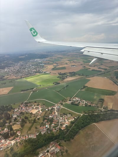 An aerial photograph, captured from the window of an aircraft, depicts a rural and semi-urban landscape identified as the vicinity of Bonnefamille, France. The upper portion of the frame features the white wing and winglet of the aircraft, which displays a green "T" logo, characteristic of Transavia Airlines. The terrain below is a mosaic of agricultural fields in varying shades of green and light brown, indicative of different crops or stages of cultivation. Several clusters of residential structures with predominantly red-tiled roofs form small villages, notably in the lower-central and mid-left sections of the image. The landscape is crisscrossed by a network of roads, some appearing paved and others unpaved, and traversed by power lines supported by tall pylons. A prominent, darker green area of woodland is visible in the lower right, bordering fields and residential zones. The sky overhead is overcast with grey clouds, with isolated patches of sunlight illuminating specific fields, creating a dynamic lighting effect. No individuals or specific actions are discernible within the visible landscape.